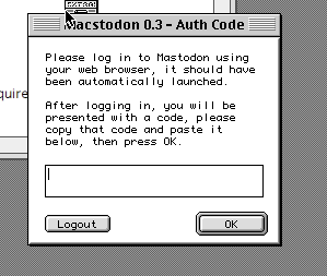Macstodon asking for the OAuth code.